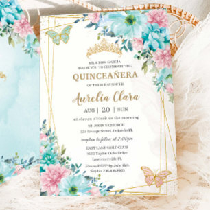 Convites Quinceañera Turquoise Pink Borboletas Douradas Flo