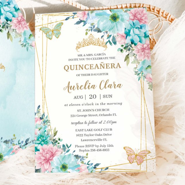 Convites Quinceañera Turquoise Pink Borboletas Douradas Flo (Criador carregado)