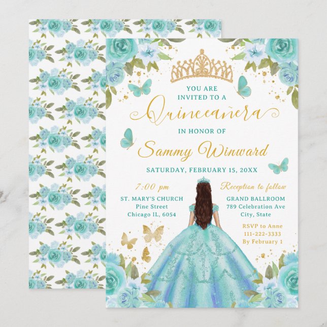 Convites Quinceañera Turquoise Princess Brunette Girl (Frente/Verso)