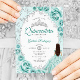 Convites Quinceanera Turquoise Silver Floral