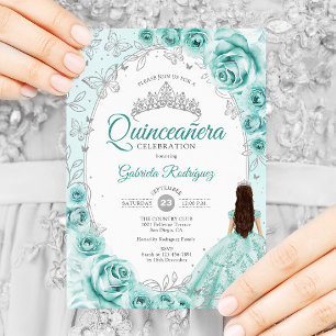 Convites Quinceanera Turquoise Silver Floral