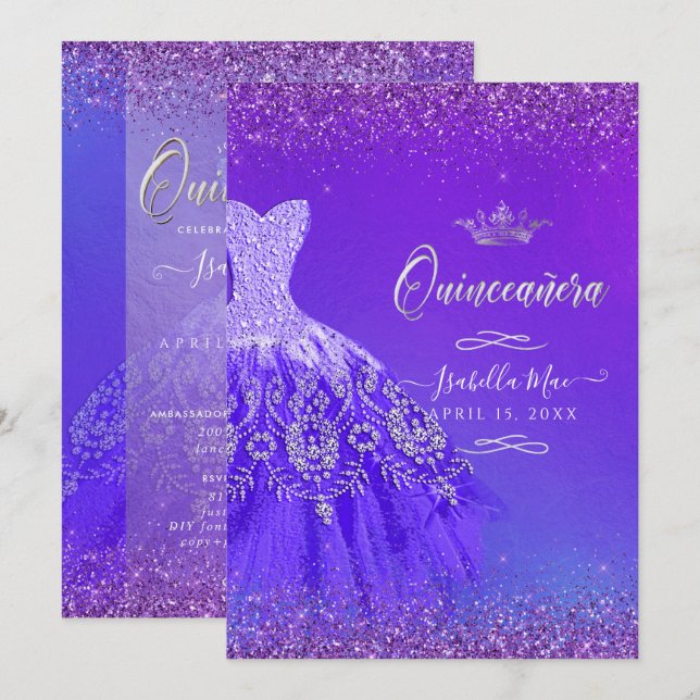 Convites Quinceanera Ultra Violet Ombre Glitter (Frente/Verso)