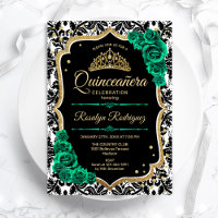 Quinceanera Verde Dourada Damasco Negro Elegante