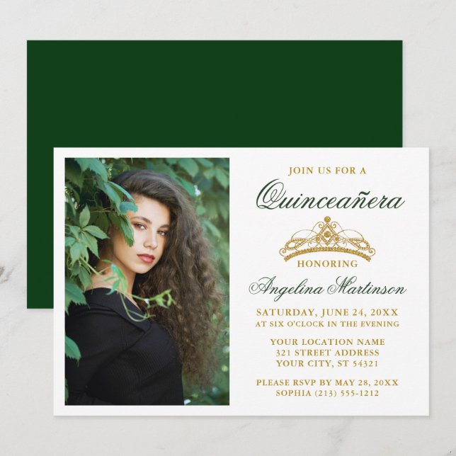 Convites Quinceanera Verde Dourada Elegante Moderna (Frente/Verso)