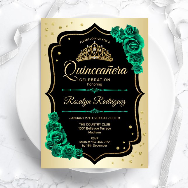 Convites Quinceanera Verde Elegante Dourada Esmeralda Negra (Criador carregado)