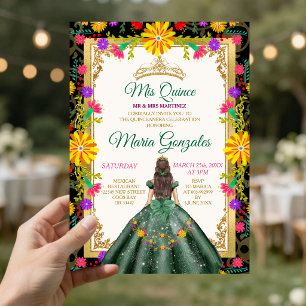 Convites Quinceanera Verde Esmeralda Colorido Flor Aniversá