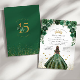 Convites Quinceañera Verde Esmeralda Floral Folha Dourada F