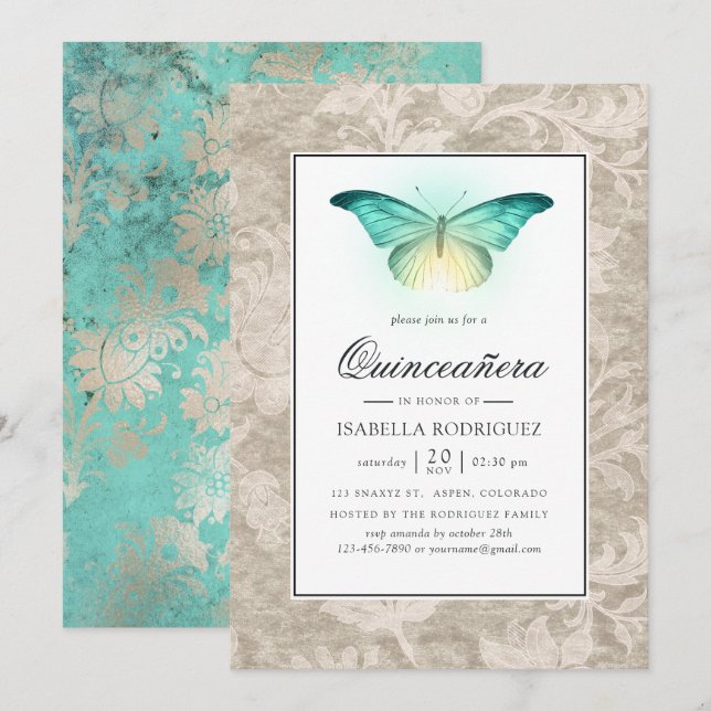 Convites Quinceañera Verde Menta e Pérola Damasko (Frente/Verso)