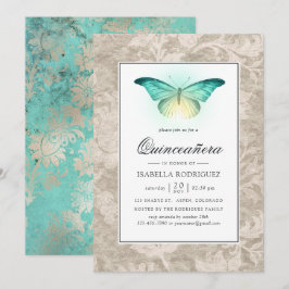 Convites Quinceañera Verde Menta e Pérola Damasko