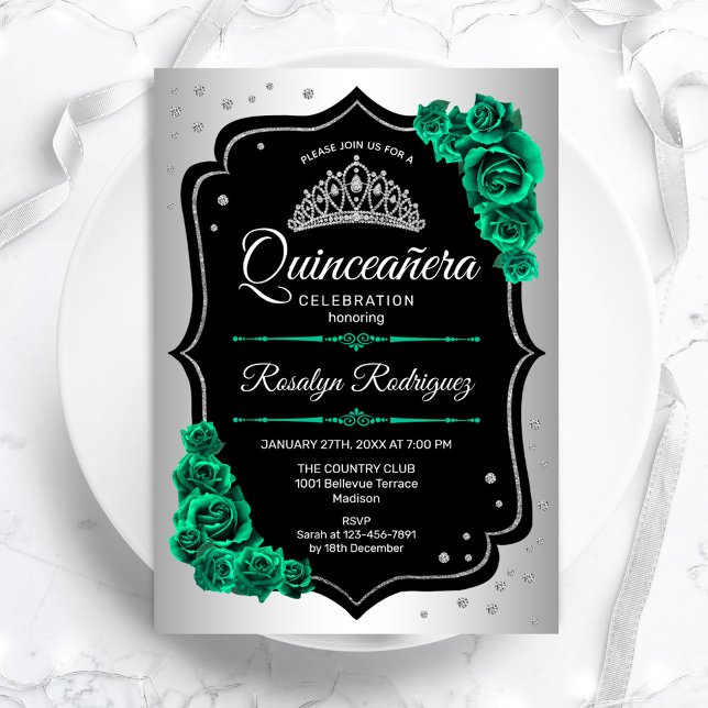 Convites Quinceanera Verde Preto Silver (Criador carregado)