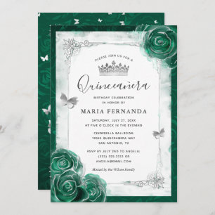 Convites Quinceanera Verde Rosa Silver Elegante