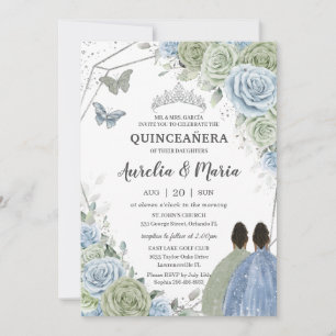 Convites Quinceañera Verde Sage Azul Floral Gêmeas Prata