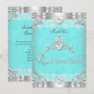 Convites Quinceanera Verde Teal Prata Diamante Tiara Festa 