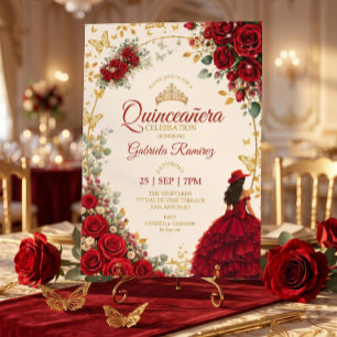 Convites Quinceañera Vermelha Borboletas Douradas Rosas