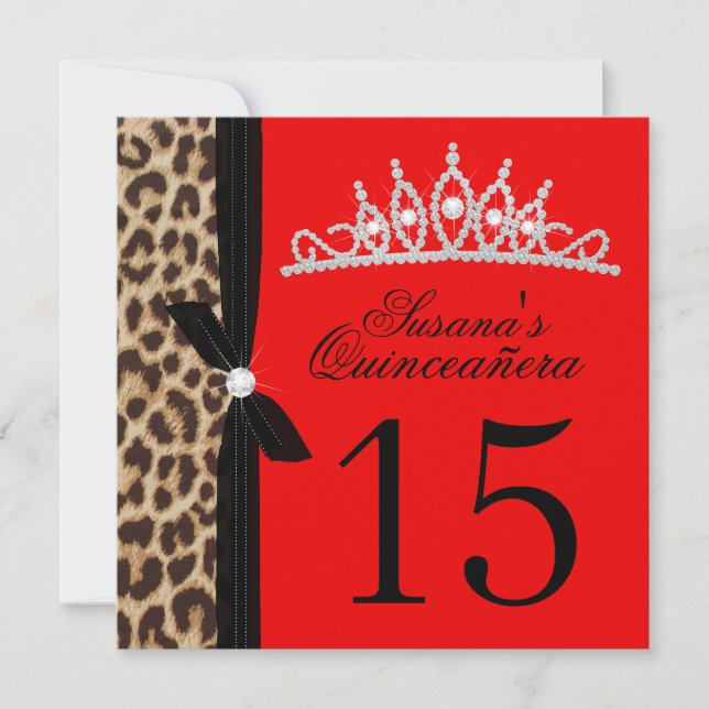 Convites Quinceanera vermelha-leopardo (Frente)