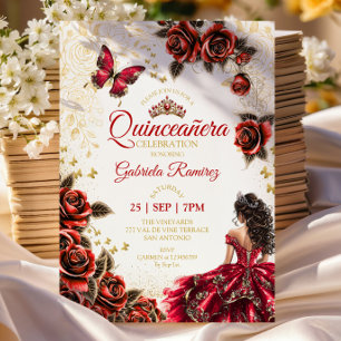 Convites Quinceañera Vermelha Rosas Douradas Tiaras Borbole