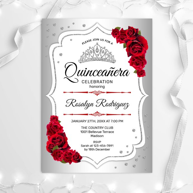 Convites Quinceanera - Vermelho Branco Prateado (Criador carregado)