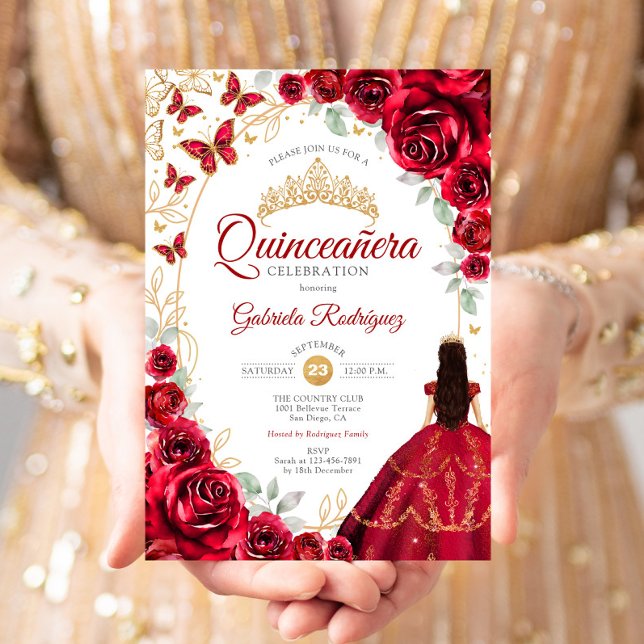Convites Quinceanera Vermelho Dourado Floral (Criador carregado)