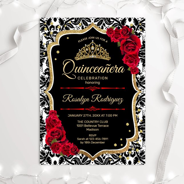 Convites Quinceanera - Vermelho Dourado Preto (Criador carregado)