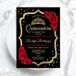 Convites Quinceanera - Vermelho Negro Dourado<br><div class="desc">Dourado convite para comemoração da Quinceanera branca negra. Apresenta fontes de script,  rosa vermelha,  tiara e confetti. Design clássico com ouro falso brilhante. Perfeito para uma elegante celebração de glam.</div>