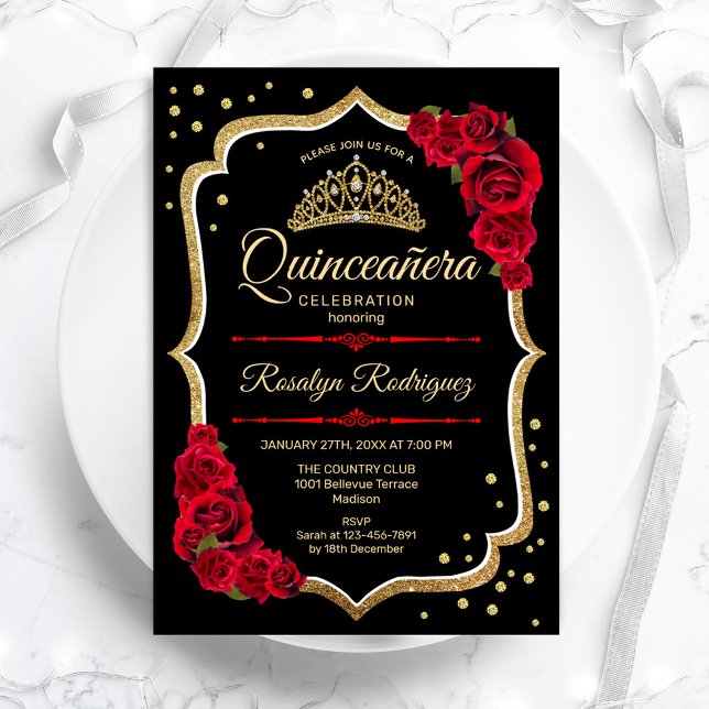 Convites Quinceanera - Vermelho Negro Dourado (Criador carregado)