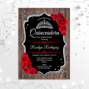 Convites Quinceanera - Vermelho Prateado de Madeira Russo