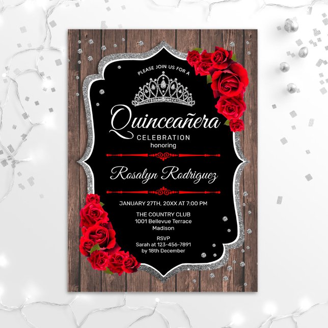 Convites Quinceanera - Vermelho Prateado de Madeira Russo (Criador carregado)