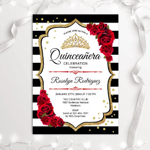 Convites Quinceanera - Vermelho Preto Branco Dourado