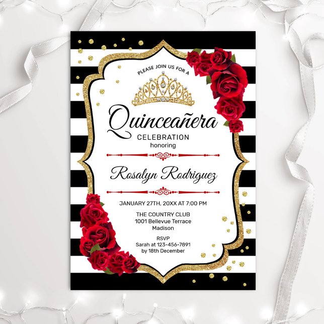 Convites Quinceanera - Vermelho Preto Branco Dourado (Criador carregado)