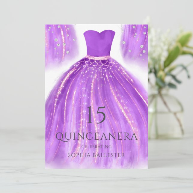 Convites Quinceanera, vestida de Sereia Dourada e roxa (Em pé/Frente)