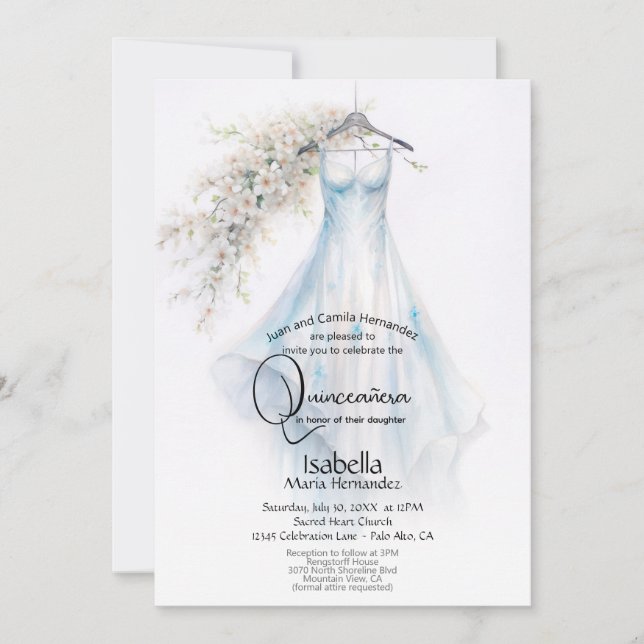 Convites Quinceañera | Vestido Azul Claro Flores Brancas (Frente)