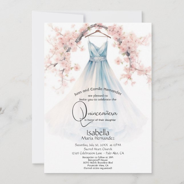 Convites Quinceañera | Vestido Azul Claro Flores Rosa (Frente)