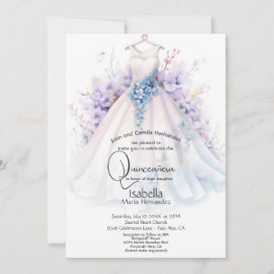 Convites Quinceañera Vestido Branco com Flores Roxas e Az