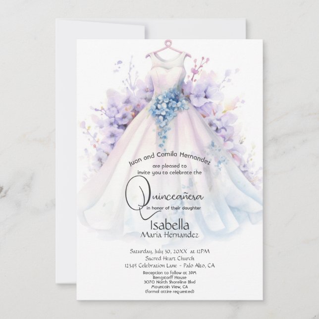 Convites Quinceañera | Vestido Branco com Flores Roxas e Az (Frente)