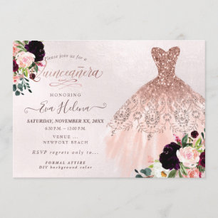 Convites Quinceañera, Vestido Brilhante, Bege Borgonha