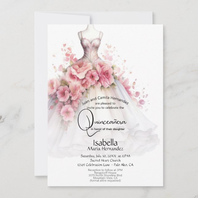 Convites Quinceañera | Vestido Camélia Rosa e Branco (Frente)