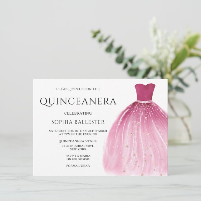 Convites Quinceanera, Vestido De Sereia Rosa (Em pé/Frente)