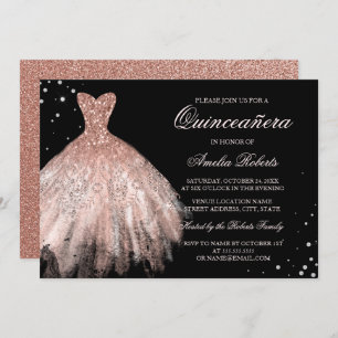 Convites Quinceanera, Vestido Dourado Rosa negro, Quinceane