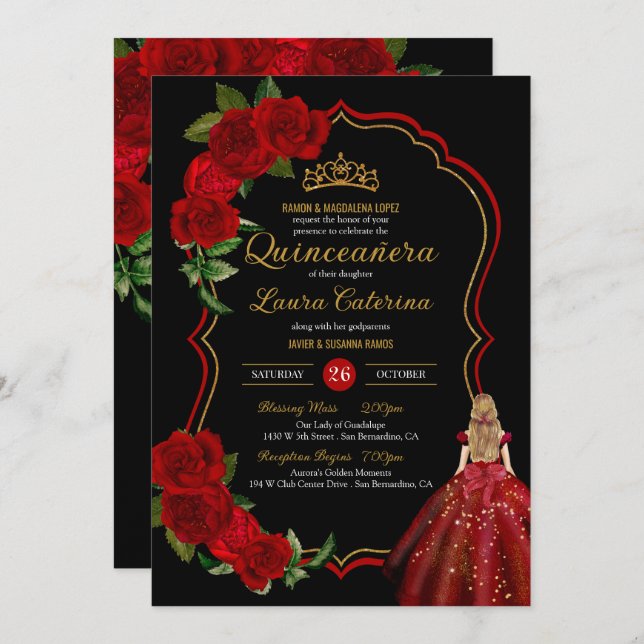 Convites Quinceanera, Vestido Elegante Dourado e Preto da r (Frente/Verso)