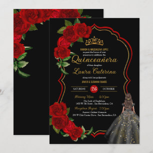 Convites Quinceanera, Vestido Elegante Dourado e Preto da r