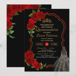Convites Quinceanera, Vestido Elegante Dourado e Preto da r