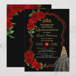 Convites Quinceanera, Vestido Elegante Dourado e Preto da r