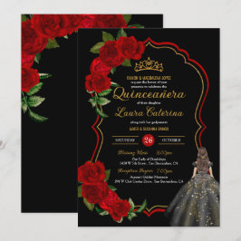 Convites Quinceanera, Vestido Elegante Dourado e Preto da r