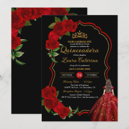 Convites Quinceanera, Vestido Elegante Dourado e Preto da r