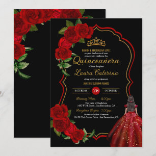 Convites Quinceanera, Vestido Elegante Dourado e Preto da r