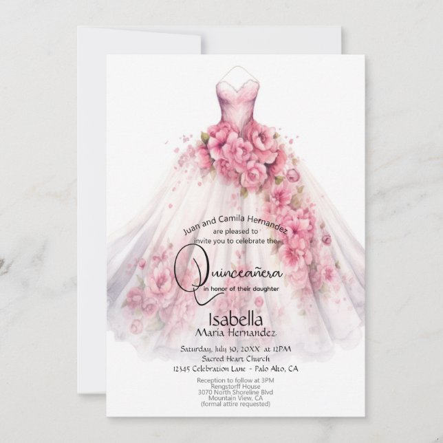 Convites Quinceañera | Vestido Floral Rosa (Frente)
