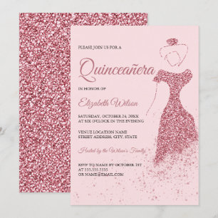 Convites Quinceanera, Vestido Glitter Dourado, rosa