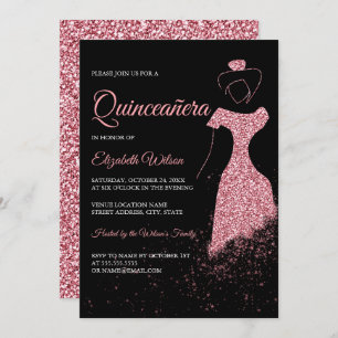 Convites Quinceanera, Vestido Glitter Dourado Rosa preto