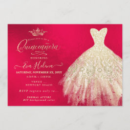 Convites Quinceañera, Vestido Lujoso, Falso Ouro+Vermelho