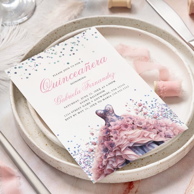 Convites Quinceanera, Vestido Rosa Floral Elegante (Criador carregado)